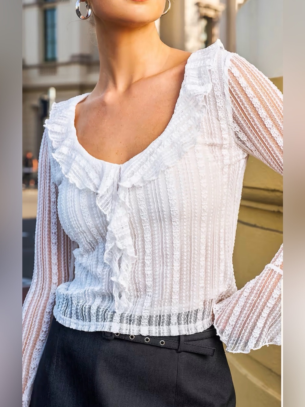 Cupshe White Ruffled V-Neck Sheer Knit Blouse - Picture 10 of 10